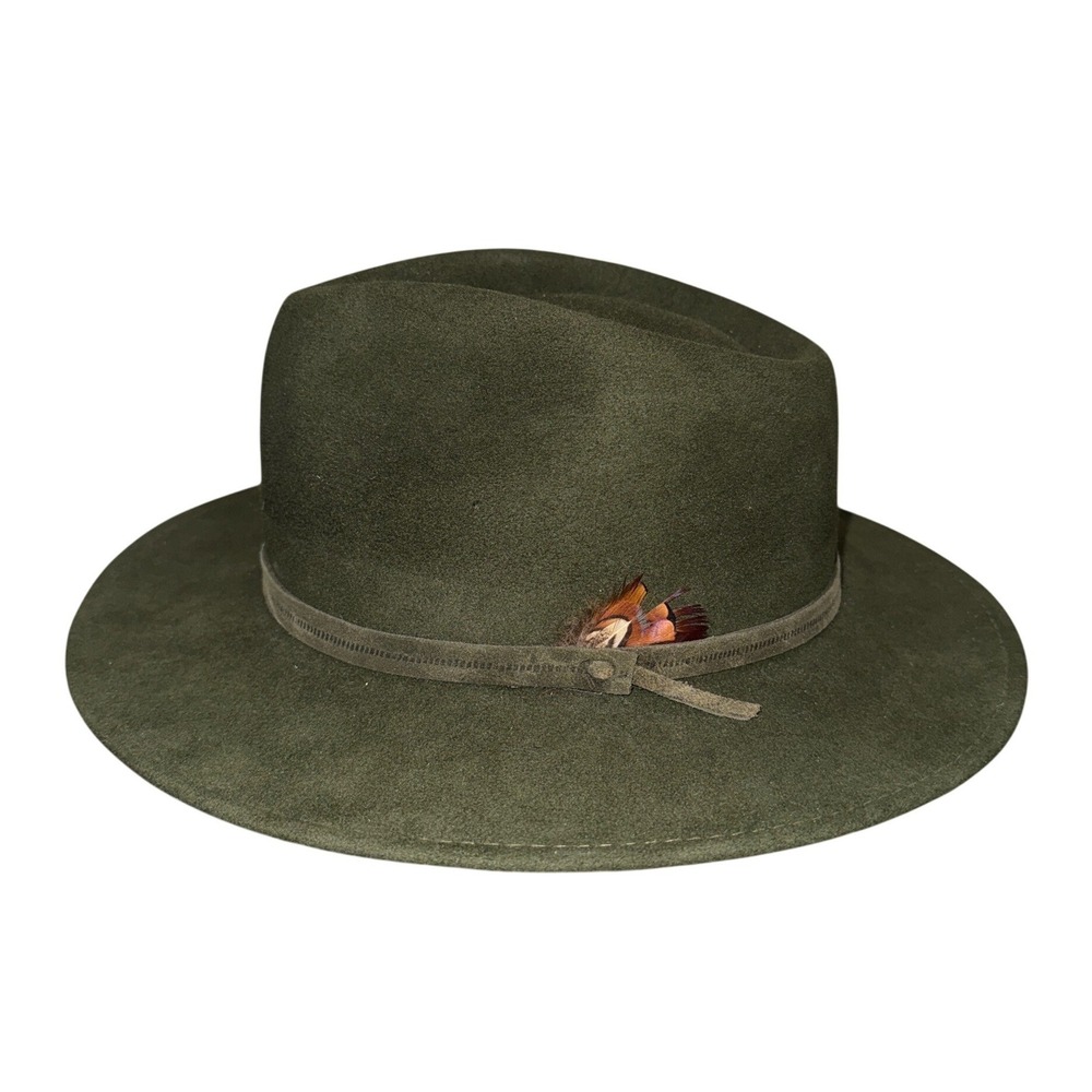 Lagomarsino Travel Safari Green Wool Felt Fedora Hat Feather Hipster Retro Indie
